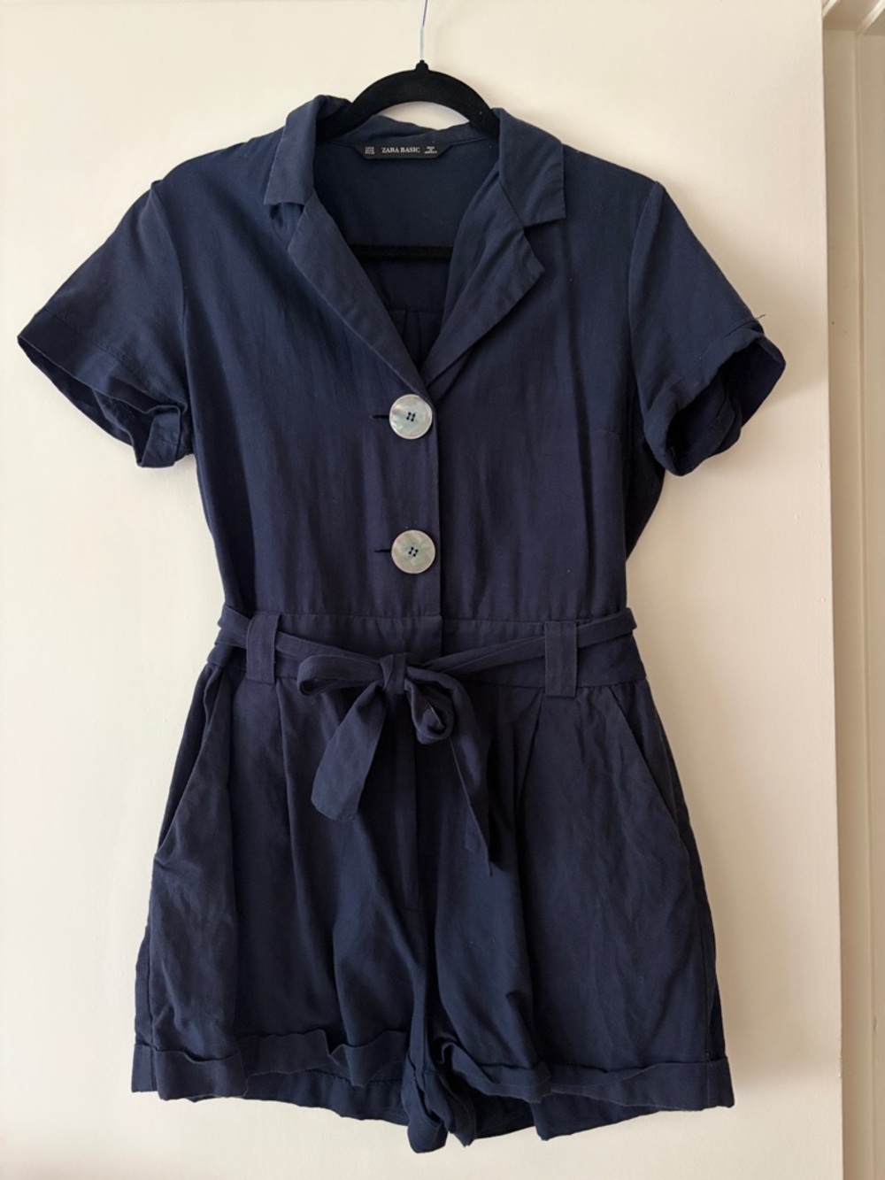 Zara Navy Short-Sleeve Tie-Waist Romper